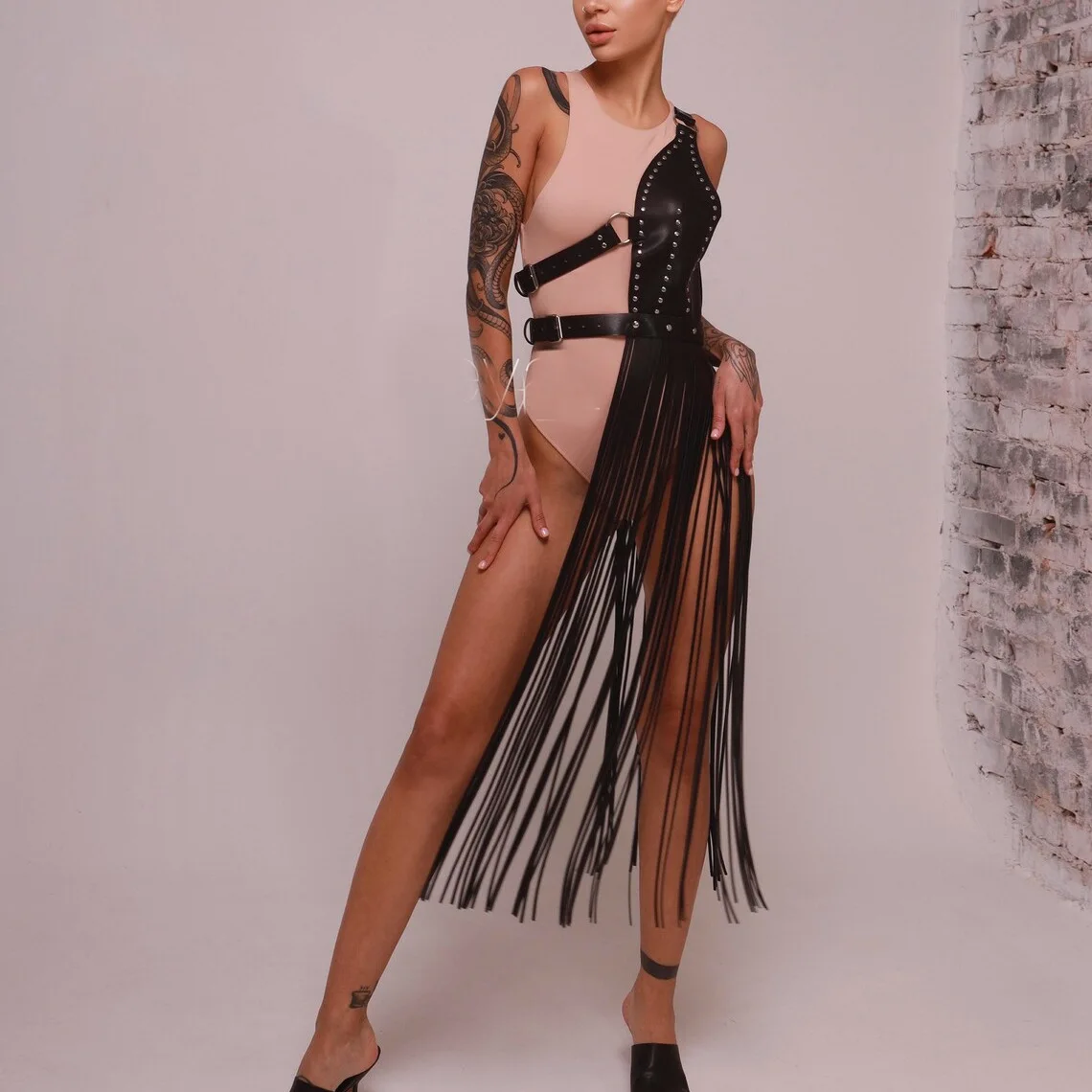 Design Sense PU Leather Skirt Half Body Dress Personalized Waistband Fringe Skirt Versatile Long Dress