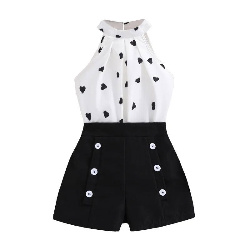 2024 Summer Children Girls Fashion Clothing Love Heart Halter Vest Shorts Two Piece Suit Wholesale Teen Clothes