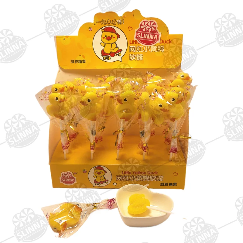 Wholesale Halal Cute Cartoon Little Yellow Duck Soft Gummy Lollipops Fruit Flavored Sweets  Bulk Packaging boxes