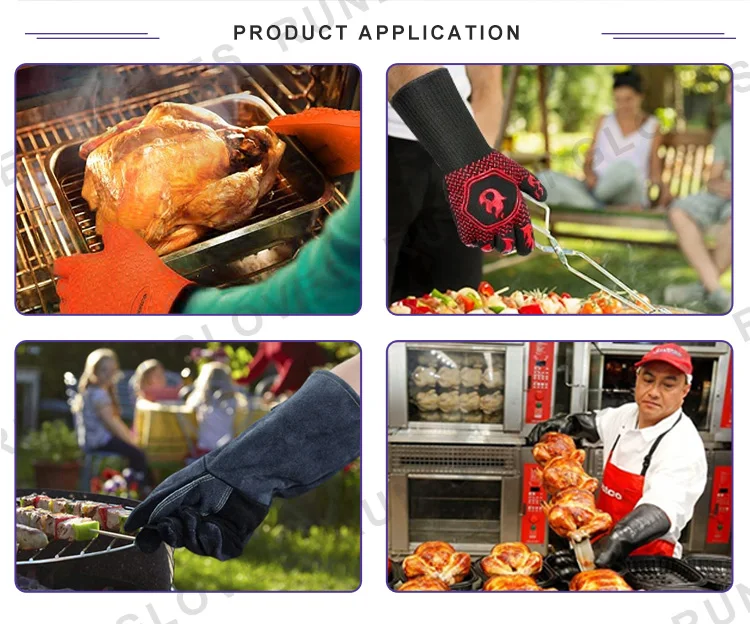 Red En407 hot selling 14inch fireproof  pit extreme heat waterproof resistant oil hand safety bbq leather gloves