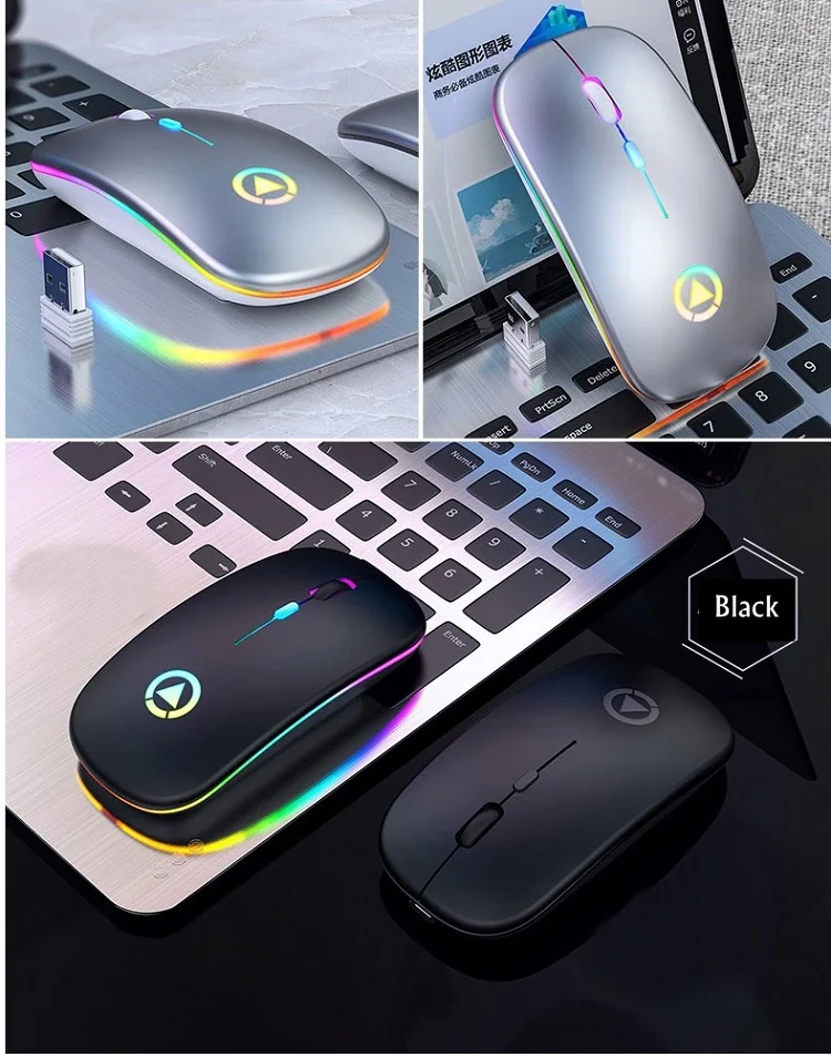 Newest Ultra-Thin Mini A2 Wireless Mouse Silent Mute Rechargeable LED Colorful Lights Computer Mouse