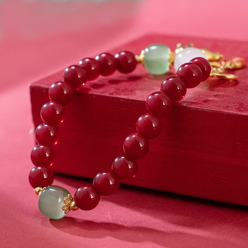 Trendy Handmade Lucky Red String Bracelet with Glass Stone Beads Fengshui Cinnabar Bracelet for Women Girls