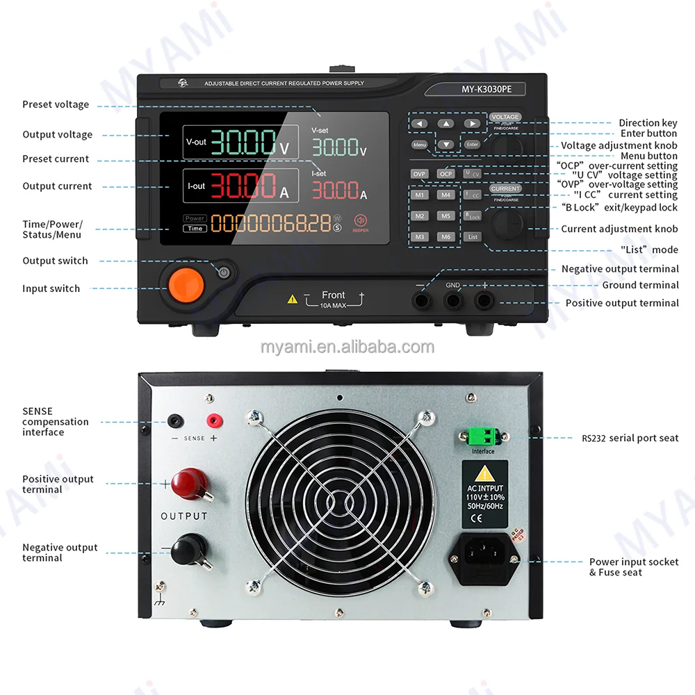 MYAMI Variable DC Lab Bench Programmable Switching Power Supply 0-30V 0-30A adjustable AC TO DC Power Supply with Auto test
