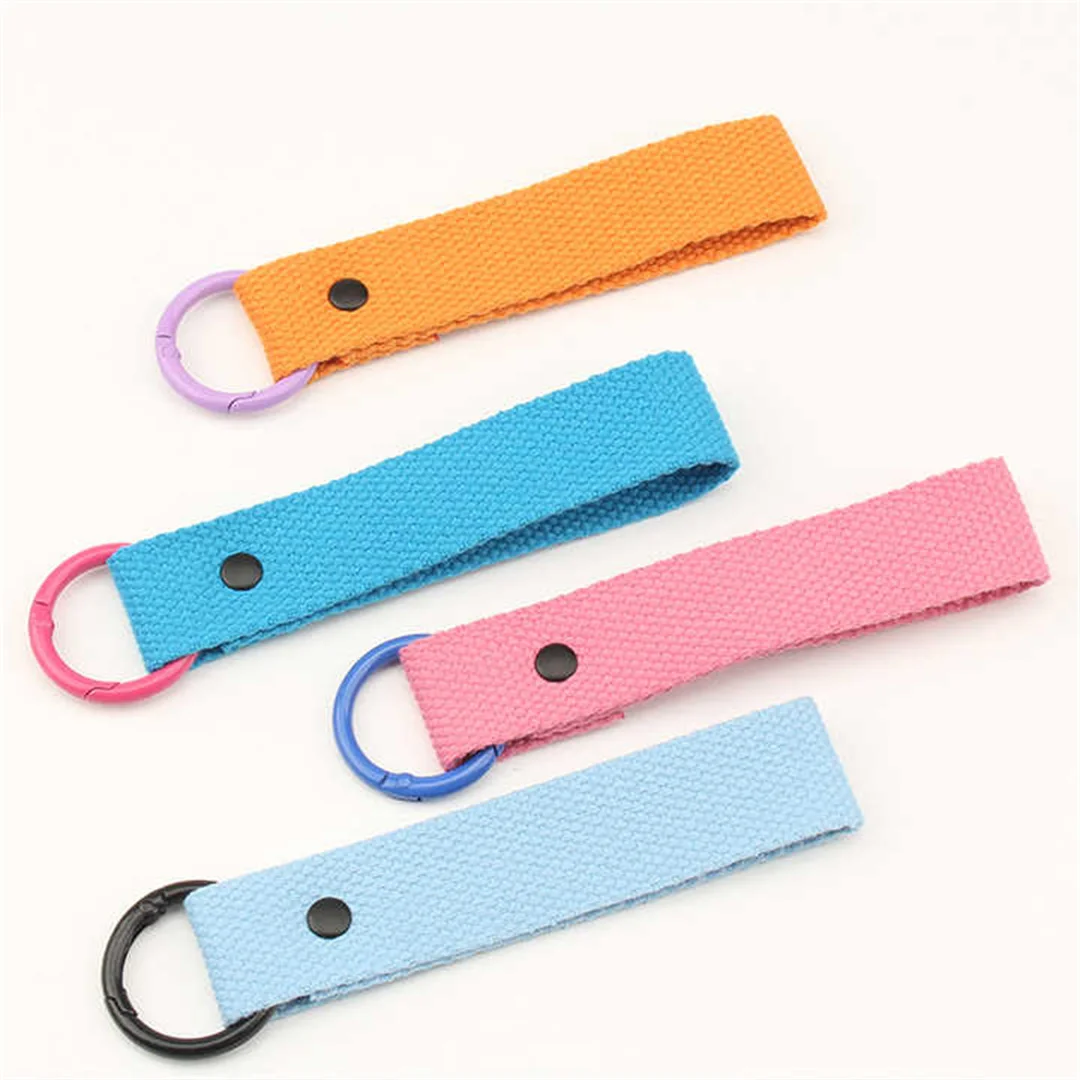 Korea Customized Cloth Keychain Canvas Kids Name Tag Keyring Leather Key Chain with Webbing