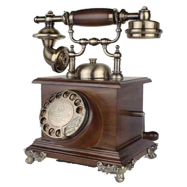 Corded old style wooden craft telephone set for living room