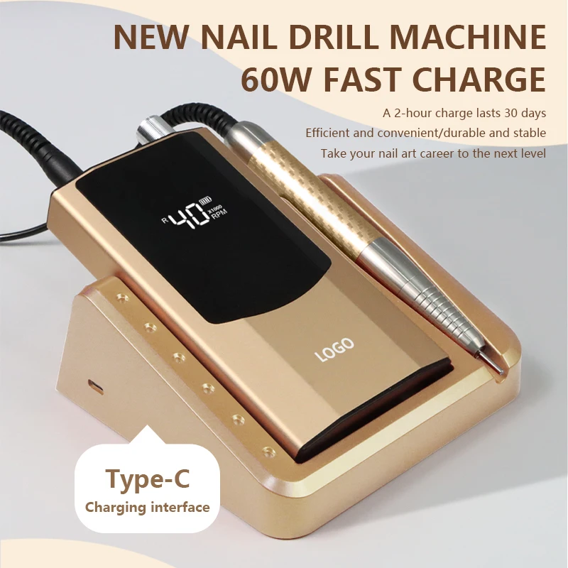 High Torque 40000rpm Brushless Acrylic Gel Polisher Wireless Rechargeable Electric Manicure Portable Handle Nail Drill Machine
