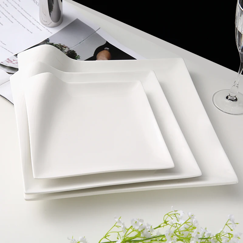 WEIYE 8/10/12 inch square dish Royal White Porcelain Catering Plate Ceramic Dinner Plate Set Dinnerware for Restaurant