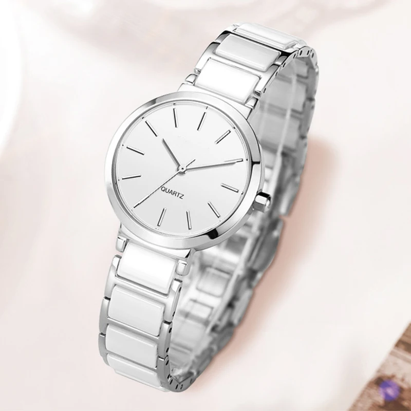 Stainless steel japan quartz movement crystals white black and pink color strap minimalist women white ceramic watch