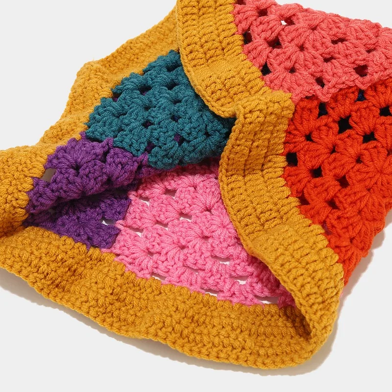 Fisherman Cap Round Brim Soft Summer Foldable Floral Custom Handmade Hollow Flower Floppy Women Wool Knitted Crochet Bucket Hat