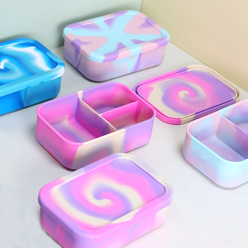 Wholesale Eco Friendly Tie Dye Cute Food Storage Container Lunchbox Rainbow Kids Silicone Bento Lunch Box