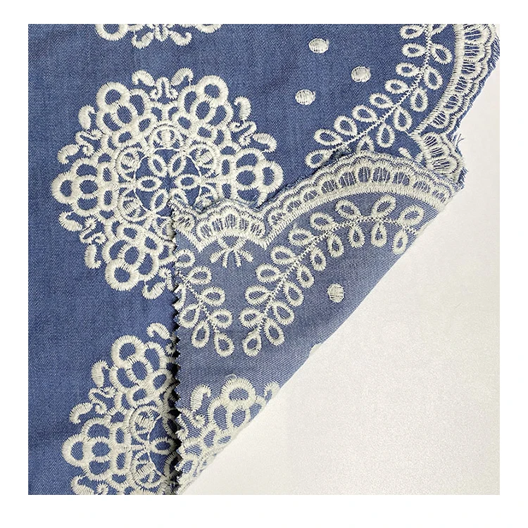 Harvest stock cotton denim floral border embroidery for woven and children dress and shorts