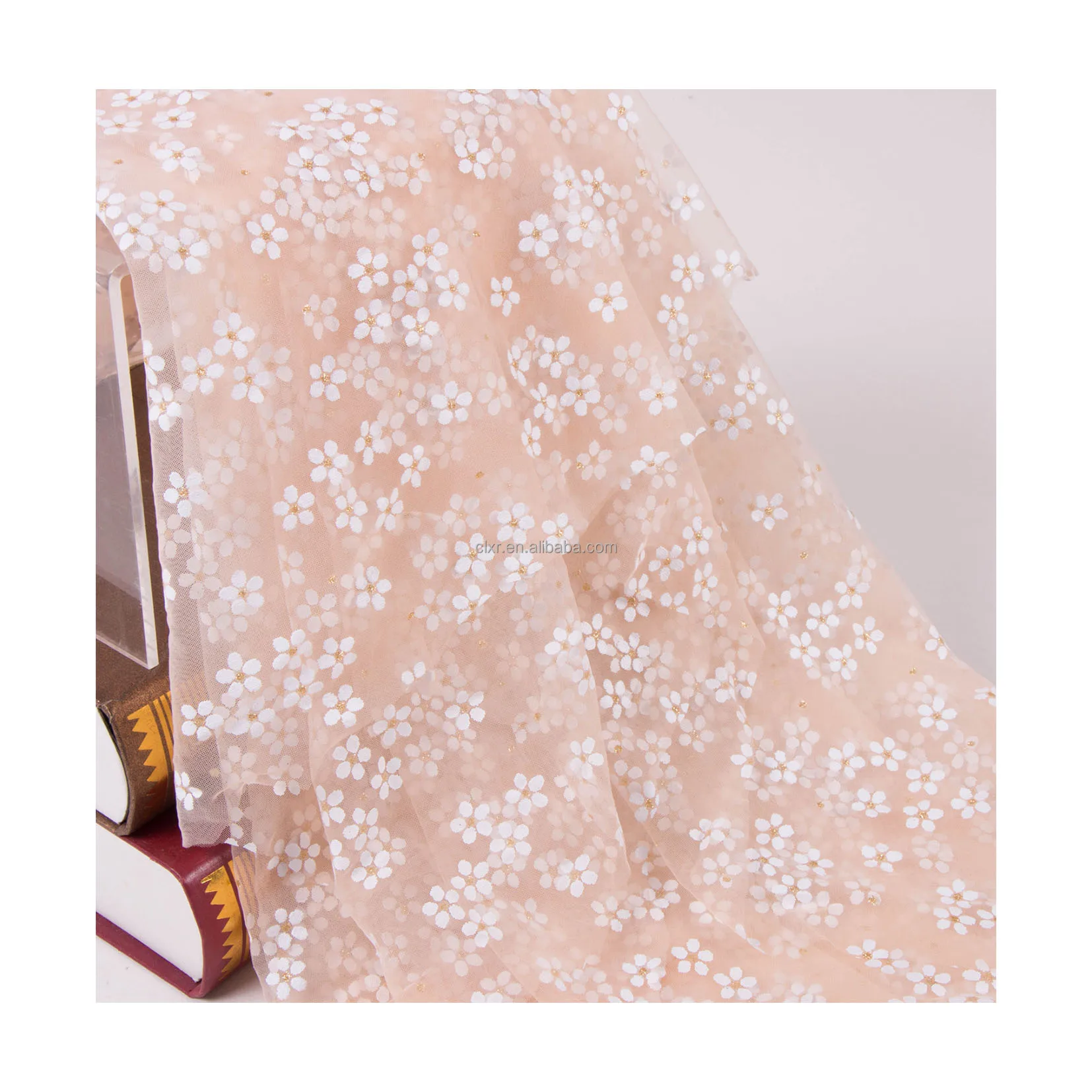Wholesale Mesh Tulle Fabric White Flower Recycled Polyester Wedding Dress Tutu Tulle Fabric