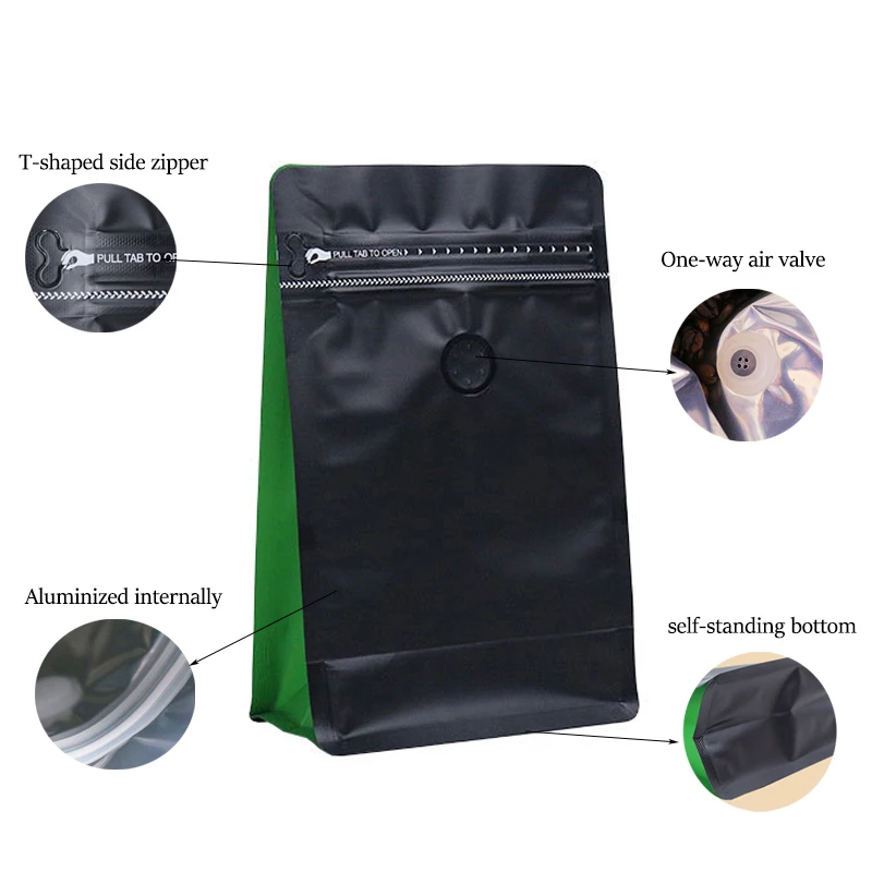 250g 500g 1kg Flat Bottom Coffee Pouch Custom Empty Coffee Bags Custom Printed Coffee Beans Packaging Bags