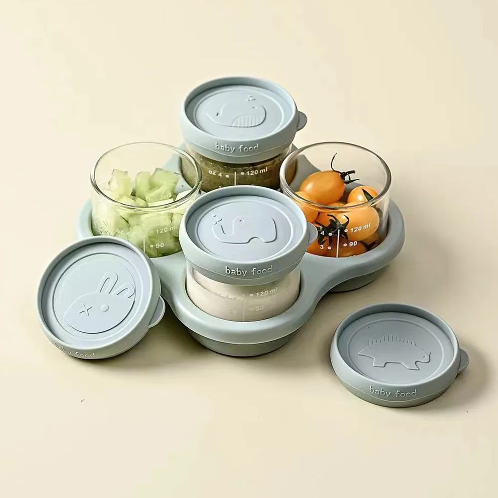 Baby Food Storage COMI Superior Glass Baby Food containers 40Z*4 Silicone Lids and Tray set