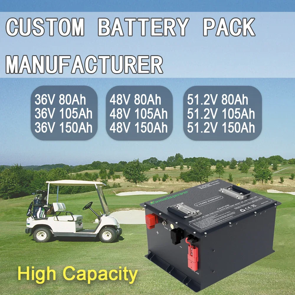36v 48v 72v 100ah 150ah 200ah golf cart lifepo4 lithium ion battery pack 51.2v deep cycle BMS golf cart battery