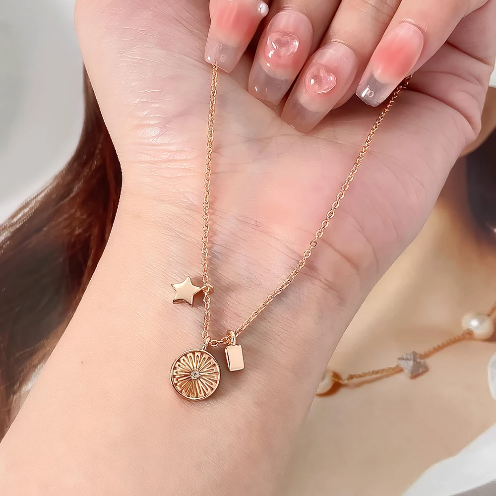 high polished metal texture geometric rose gold pendant chain charm necklace