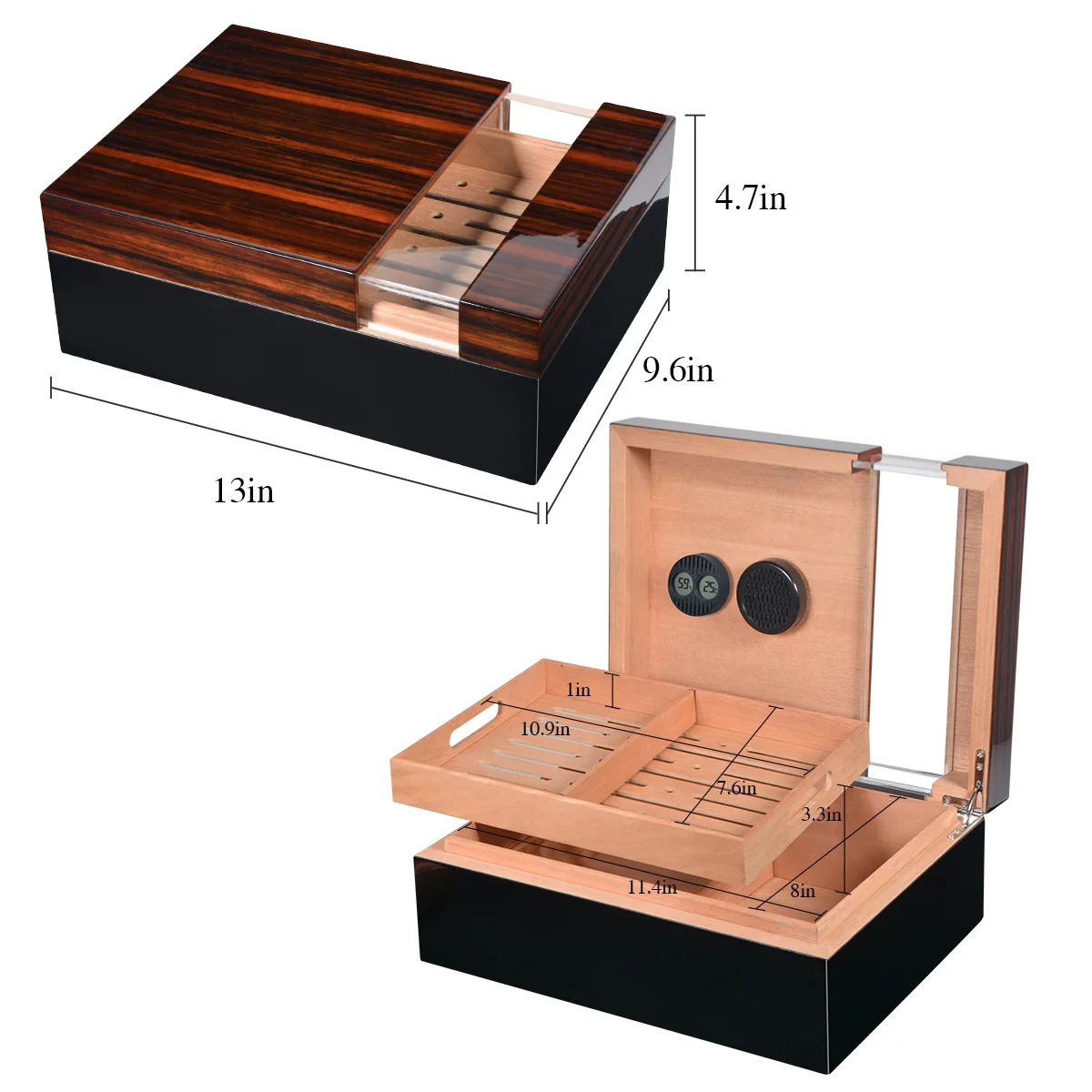 Glass Top Acrylic Window 75 Cigars Large Capacity Desktop Cedar Ebony Wood Veneer Cigar Humidor With Tray Hygrome