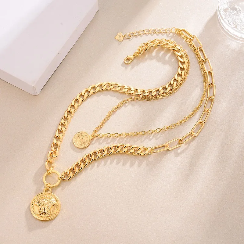 Layered necklace Stainless steel gold plated medusa pendant