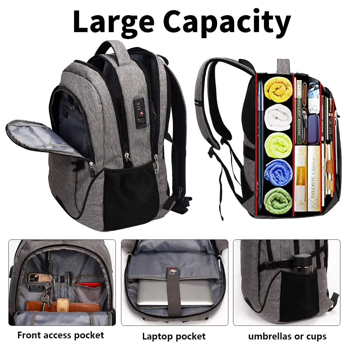 Durable Anti-Theft Travel Laptop Backpack USB Charging Port Slim Design Men Women College/School Computer Bag 17 Inch Notebook