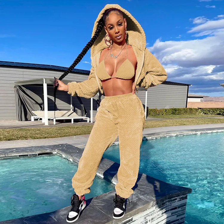 High quality women winter clothes plush Bra jacket high waist pants jogger sweatsuit sweatpants women sweat suit set