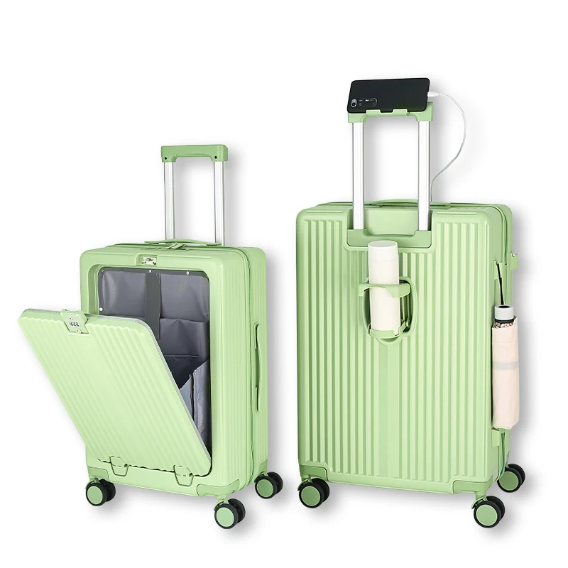 2023 Wholesale Spinner travel luggage front laptop pocket cup holder USB charging TSA lock smart multifunctional suitcase