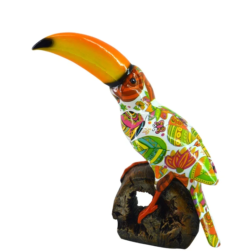 Creative design wooden base toucan bird figurines colorful flower patterns birds sculptures for home decoration indoor ornaments