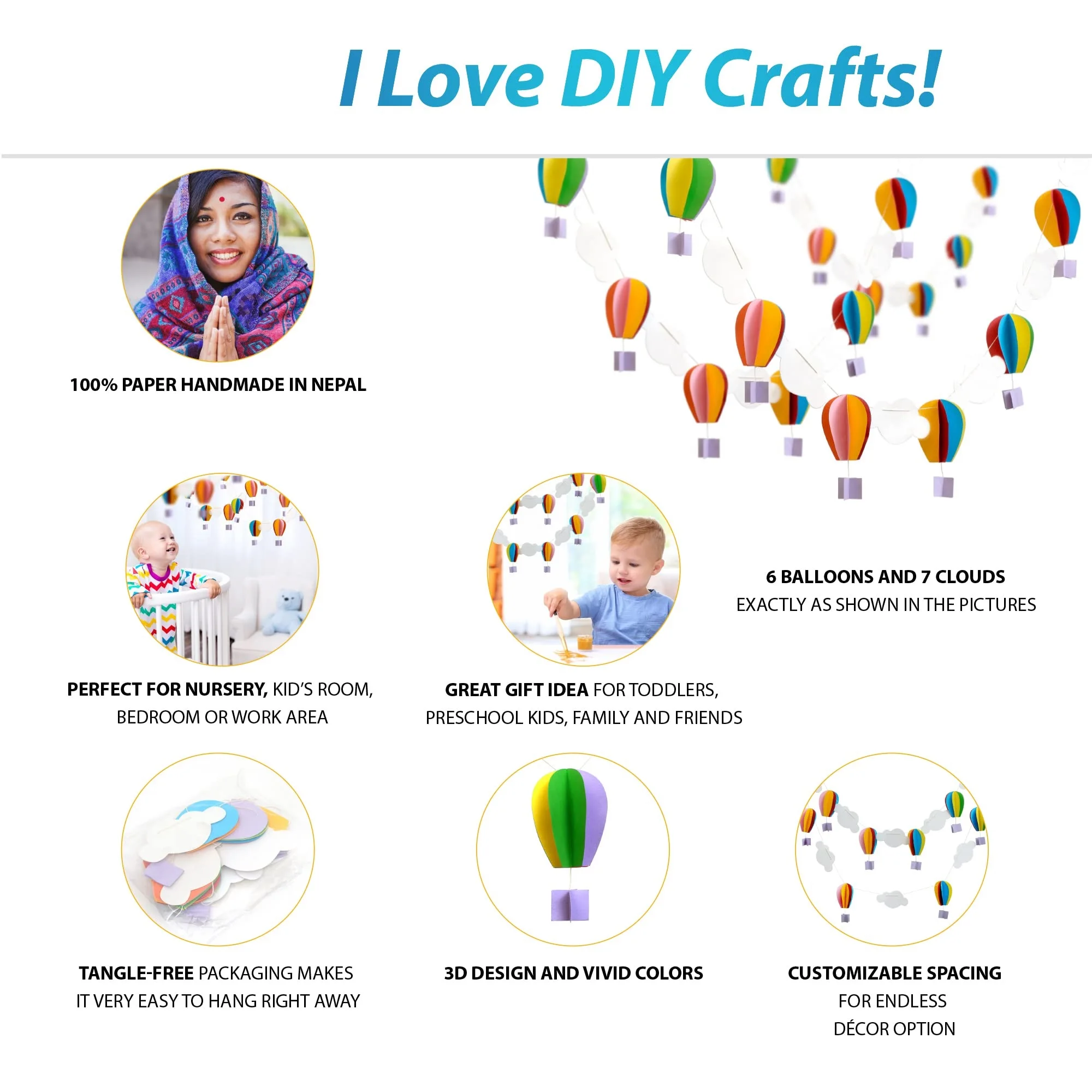 Paper Hot Air Balloon and Cloud Garland Hanging Hot Air Balloon Wall Decor Bedroom Wall Banners Decoration