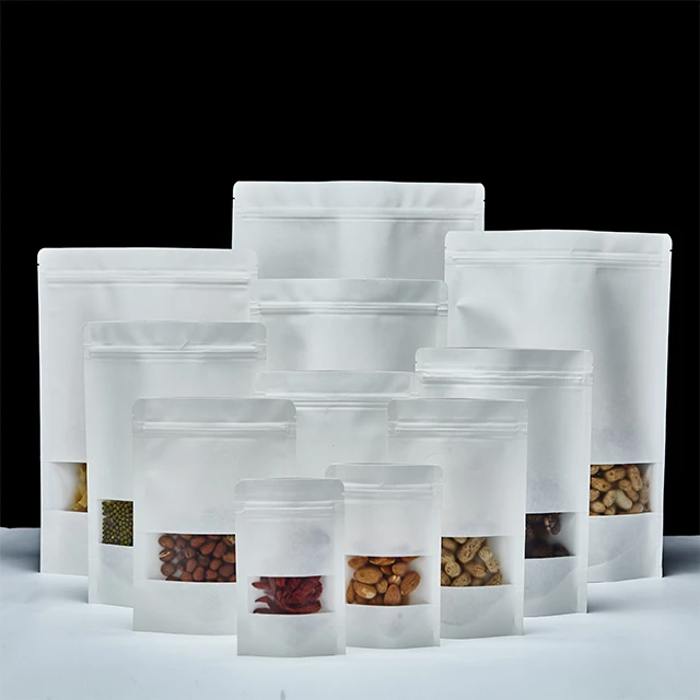 Custom  Reclosable Heat Sealable Resealable Bio Degradable Plain White Food Packaging Pouch Ziplock Stand Up Bag