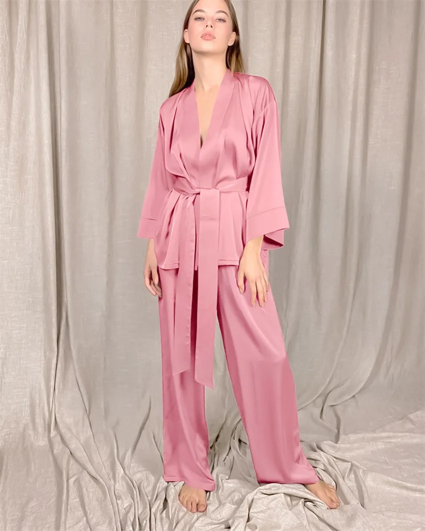 Satin Pajamas Set for Women Long Sleeve Sleepwear Silk Nightwear V-Neck PJS Set 2 Piece Lounge Sets PJ