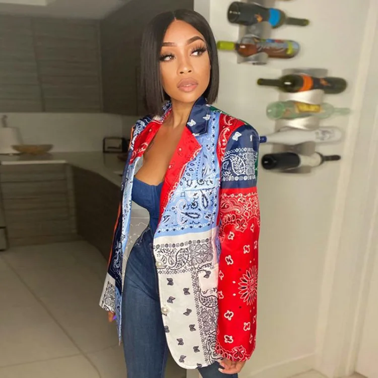 
Bandana Paisley Print Women Blazer Autumn Long Sleeve Turn Down Collar Single Breasted Office Lady Vintage Trench Coats 