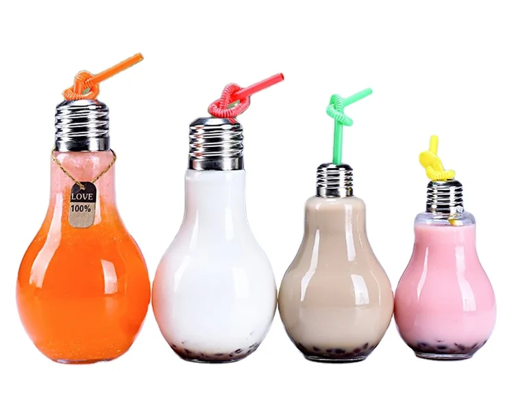 China Manufacture Juice Juicy Beverages Milk Tea Liquor Drinking Packing Container ES71 Bulb 300ml Glass Bottle LED