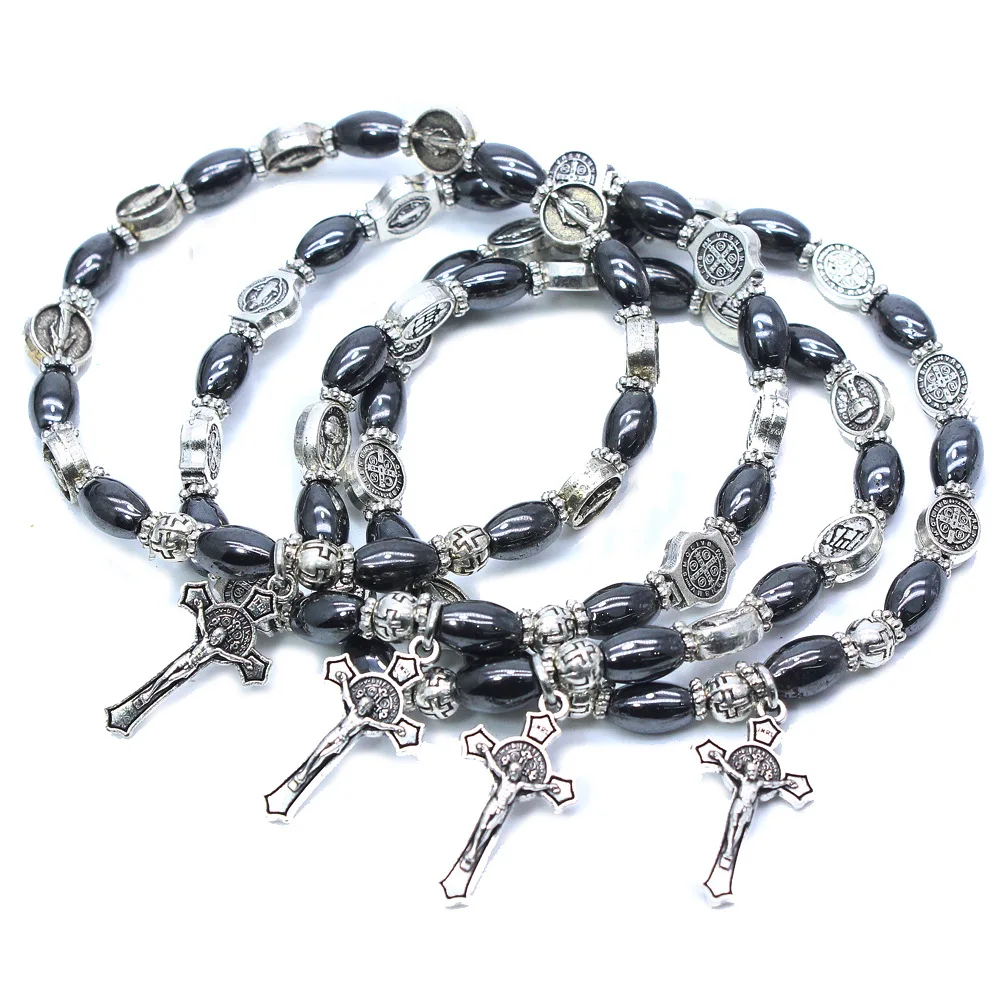 Wholesales Black Christian jewelry Icon Black Beads Rosary Crucifix Virgin Mary Pendant Bracelet