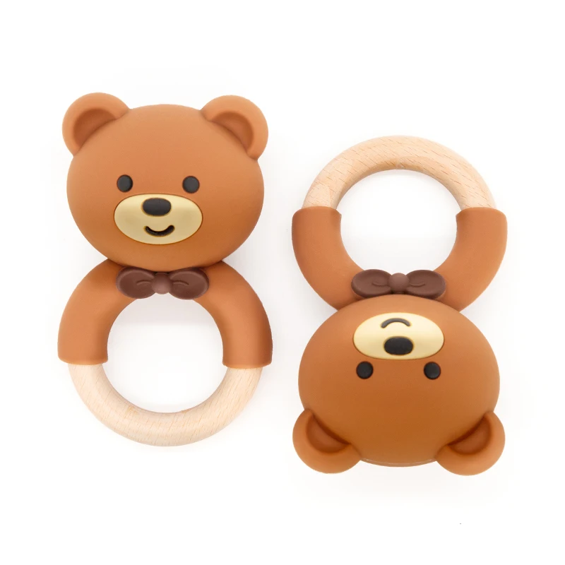 Bpa Free New Animal Cartoon Natural Wood Bear Silicone Pacifier Baby Rattles Chew Teething Teether Toy For Babies