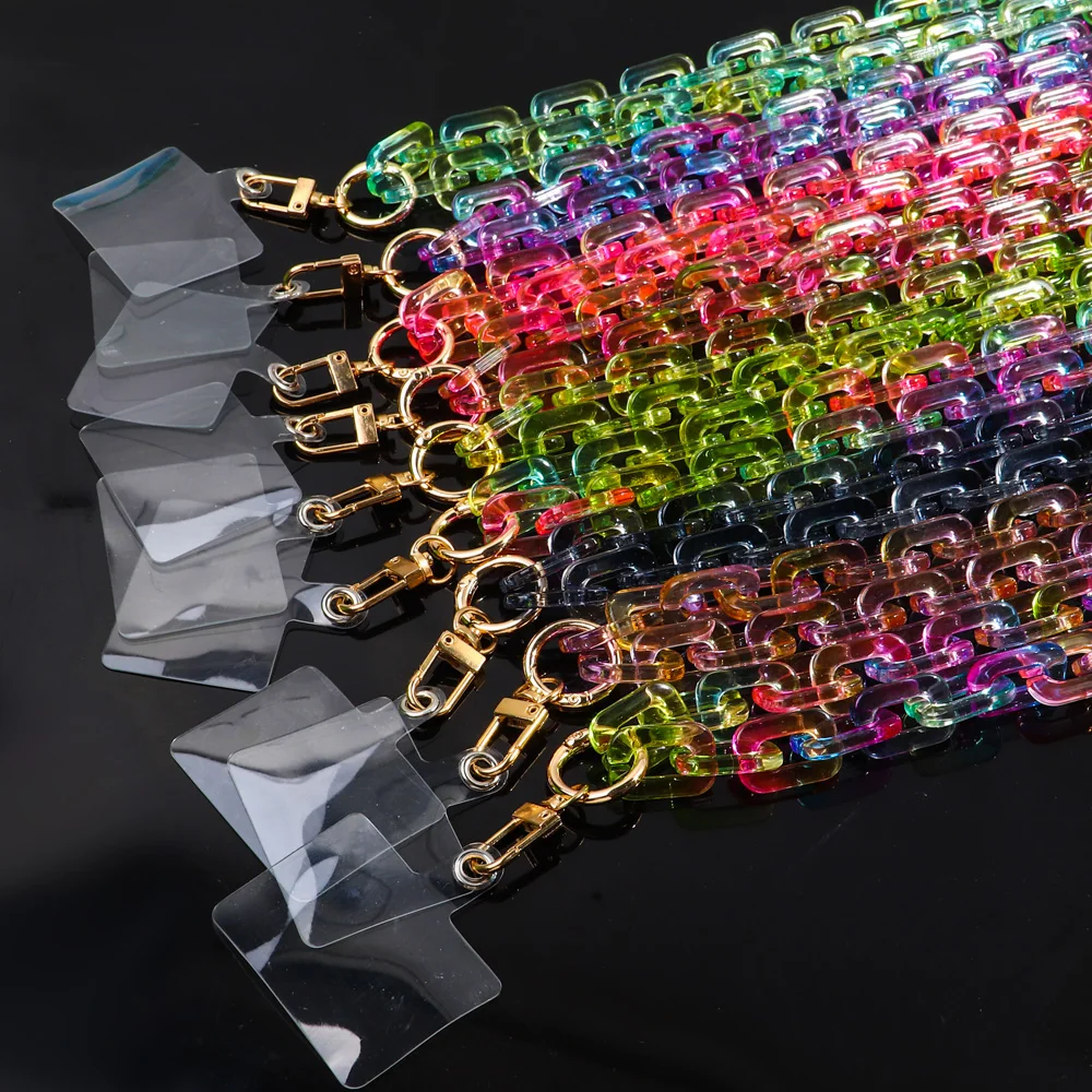 Wholesale new rainbow transparent mixed color fluorescent cute chain hanging neck long necklace 80cm acrylic Cell phone chain