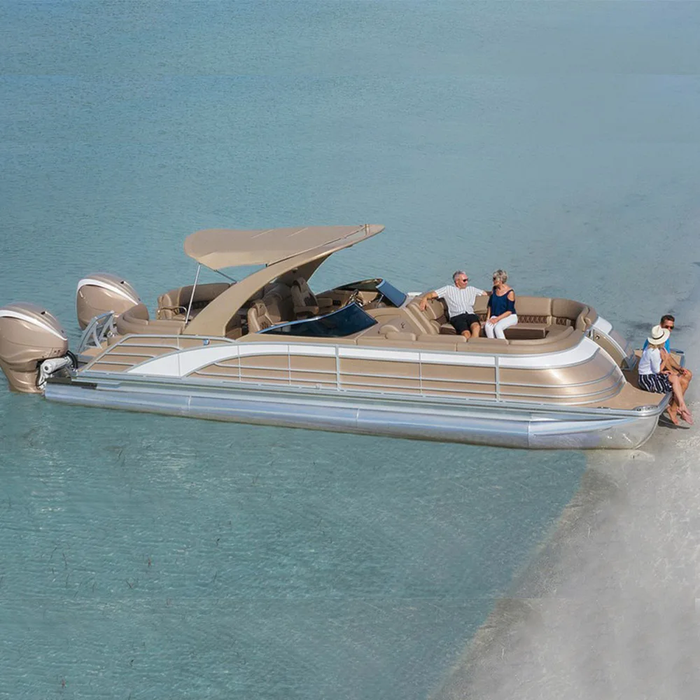 Factory Direct CE Certified Bimini Cover Aluminum Tritoon Pontoon Boat with Motor Surfing Fishing Made Durable Fiberglass