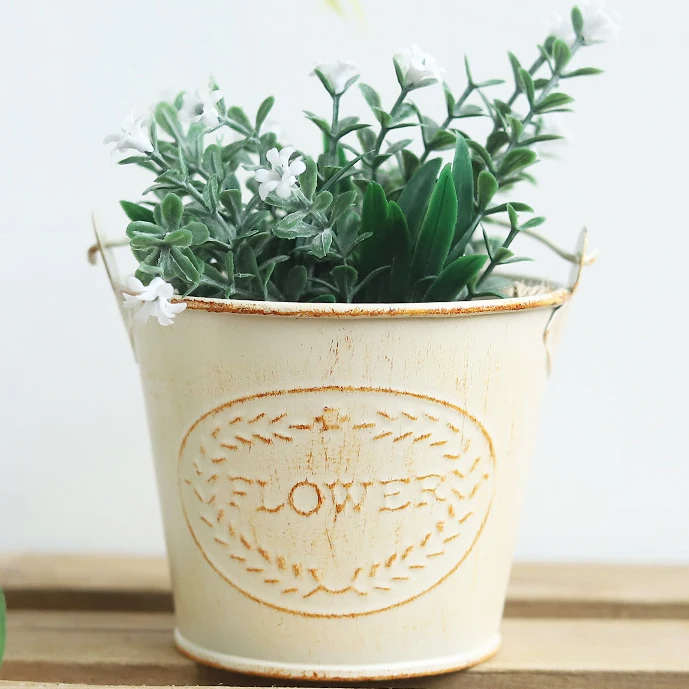Grocery metal crafts retro distressed beige mini iron bucket succulent plant pots gardening accessories garden supplies