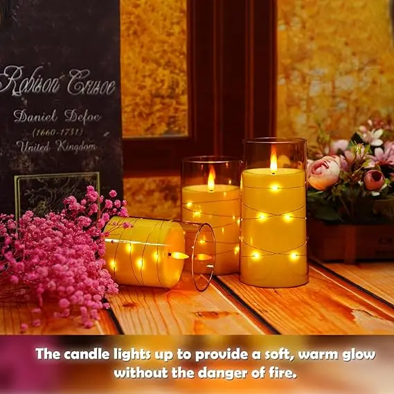 Wholesale Gold Acrylic set of 3 3d real flame battery operated led plastic flameless candle with embedded star string light