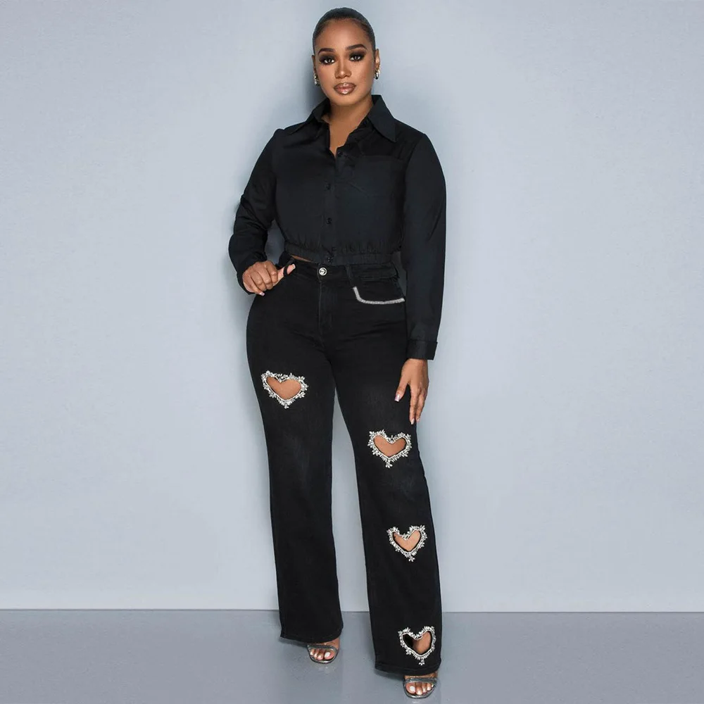 2024 new Fashion Straightse sequin rhinestone heart shape hollow out Fit Sexy Hollow Out High Waist Women loose Jeans pants