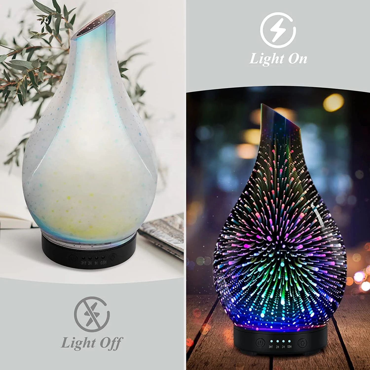 3D Firework Essential Oil Diffuser 7 Colors LED Lights Changing, 120ml Glass Aromatherapy Ultrasonic Humidifier Decorative Lamp