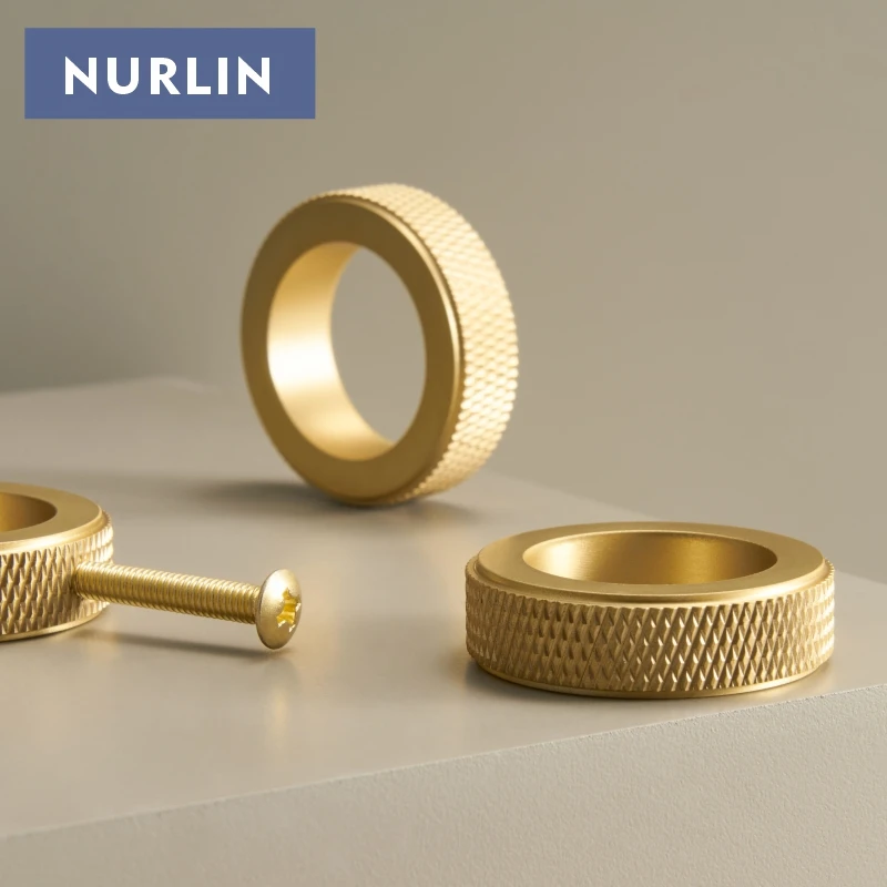 Nurlin Solid Brass Diamond-cut Cross Knurled Circular Ring Cabinet Wardrobe Knobs Furniture Drawer Finger Ring Handle Knurling