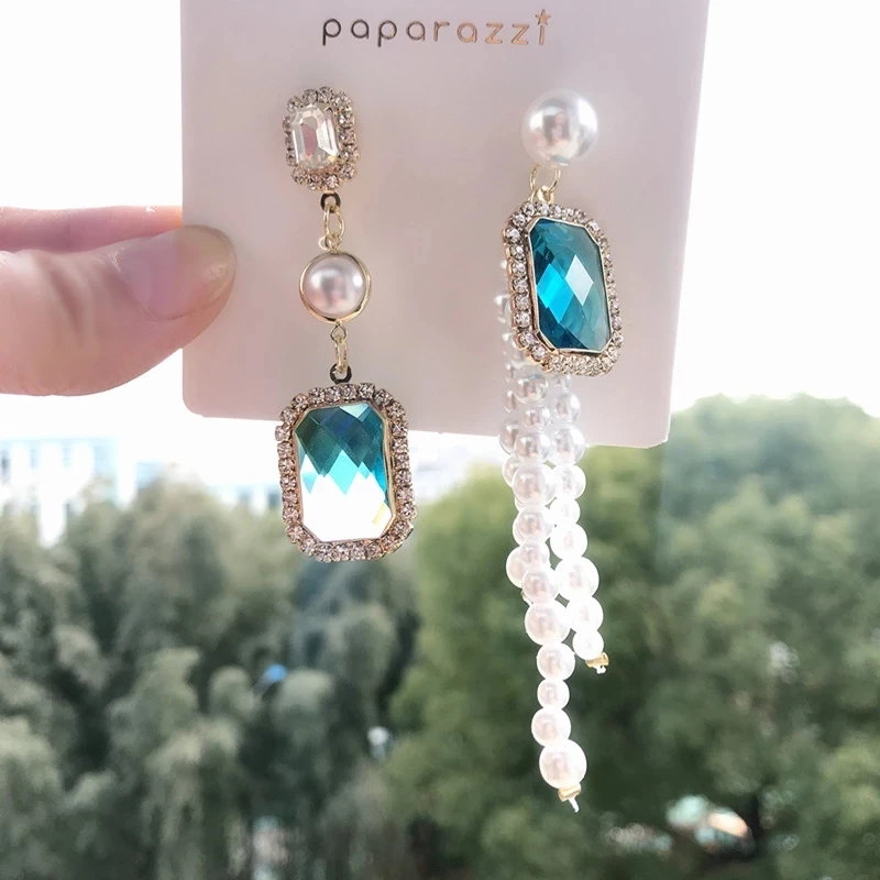Kaimei Temperament Long Chain Pearl Tassel Drop Pendientes Earrings Korean TV Star Square Crystal Asymmetry Earrings for Women