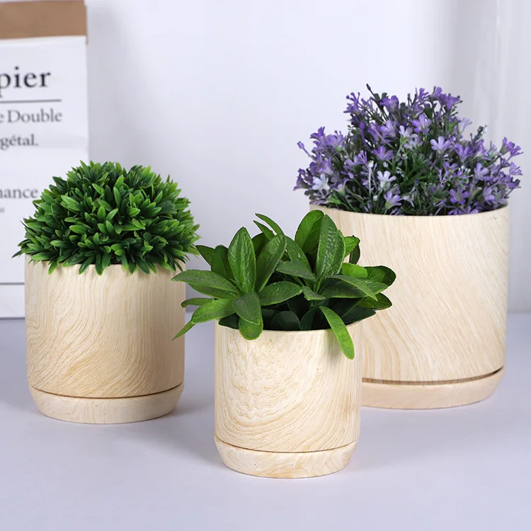 Modern Ceramic wood grain pot pot planting basin bottom perforated drainage belt with the same type of tray used for indoor