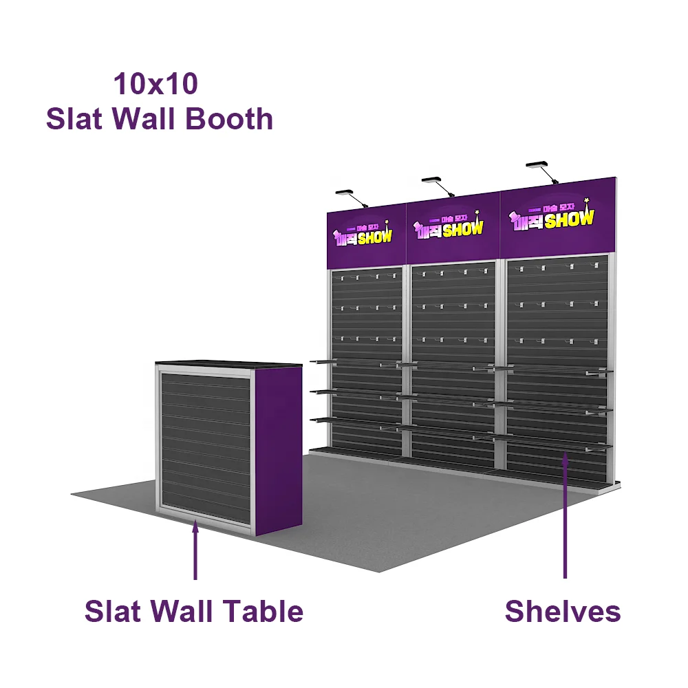 10x10ft Vogue Design Aluminum Frame Customized Logo Branded Fashion Slat Wall Shelf Booth Exhibition