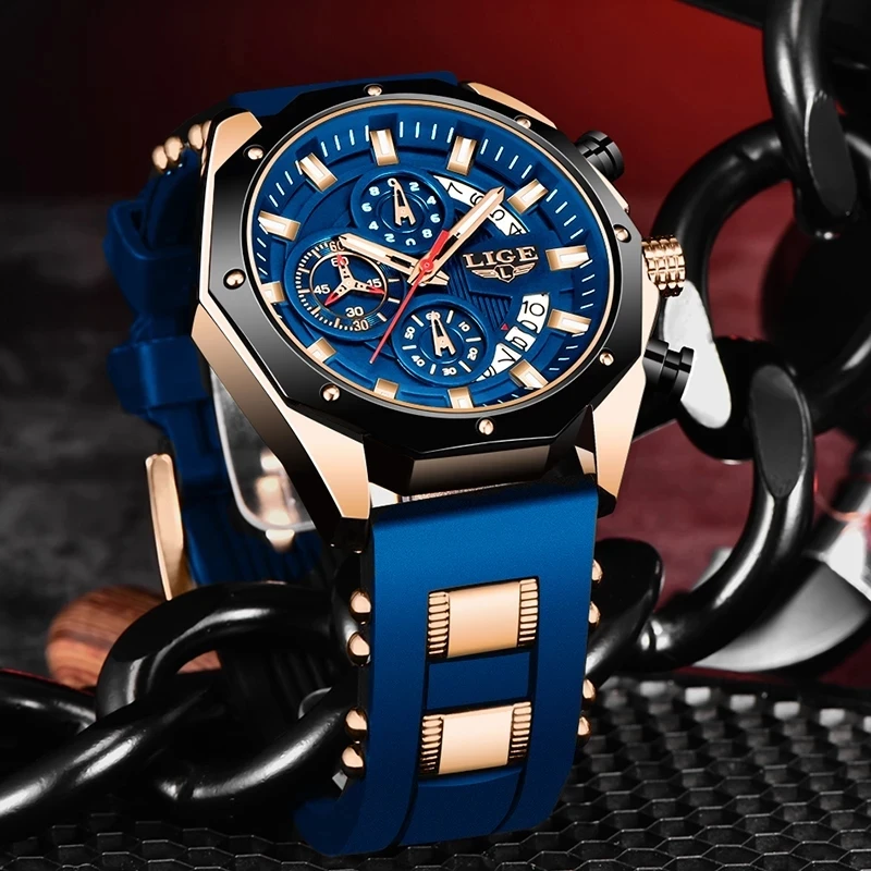 LIGE LG8908 Fashion Chinese Men Quartz Watch Rubber Strap Waterproof 3 Dials Chronograph Luminous Watch Sports Casual Wristwatch