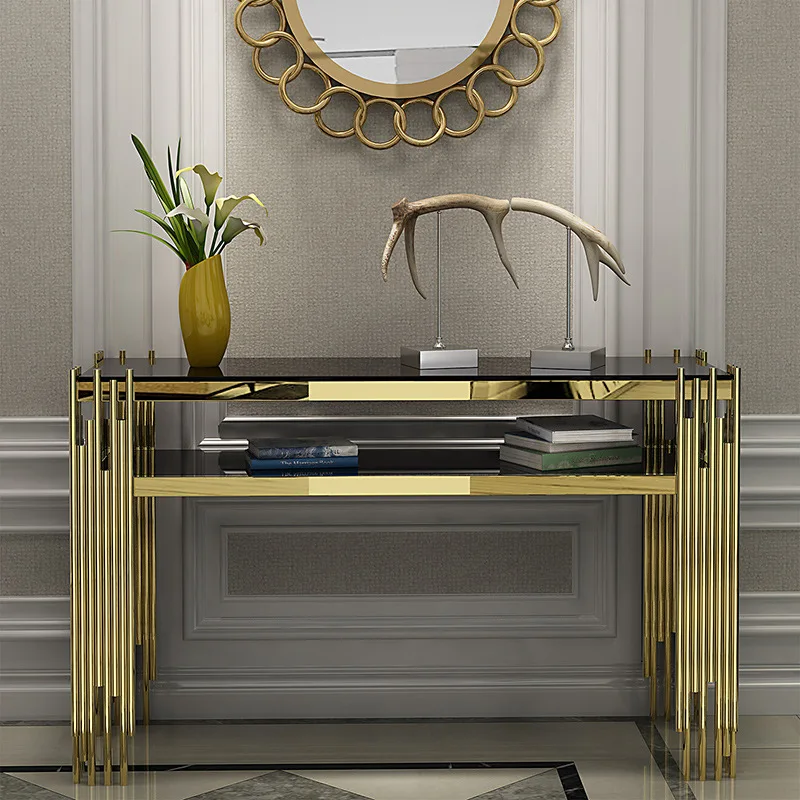 luxury Glass top golden stainless steel base hallway corner decorative living room console table furniture