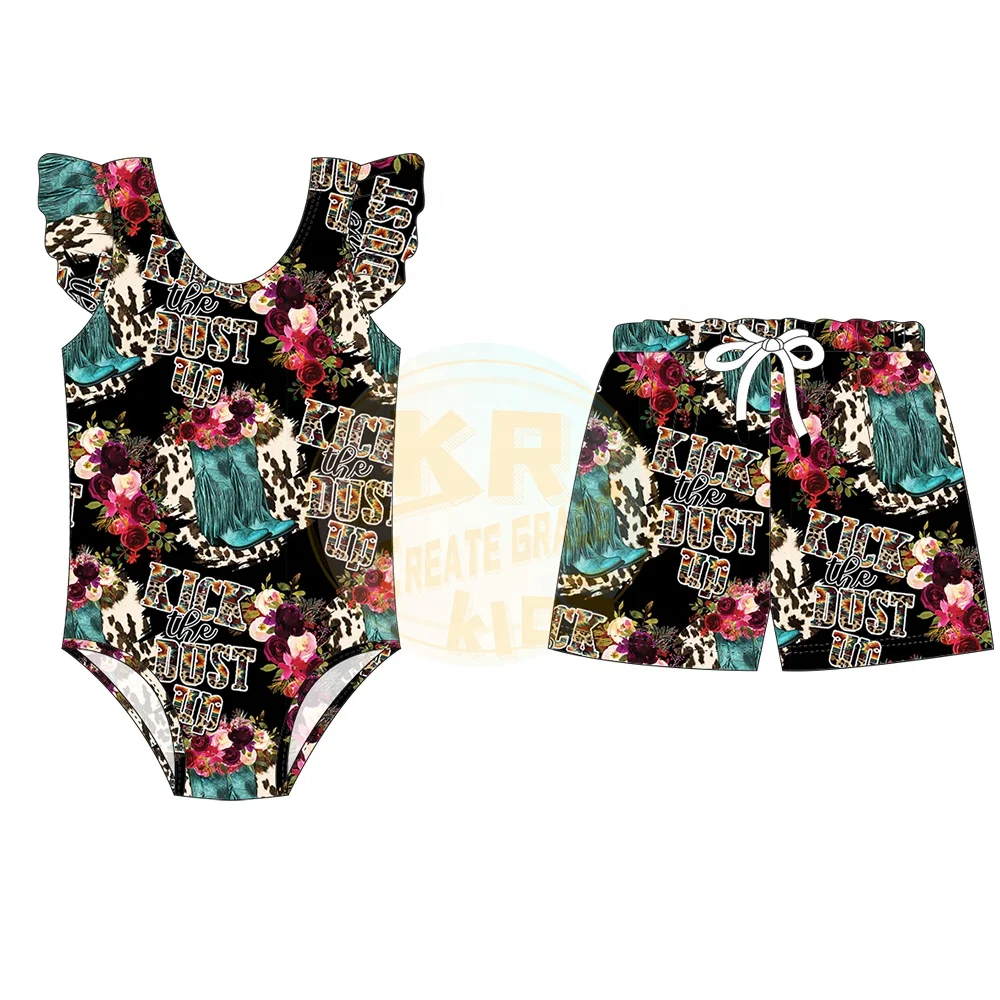 Factory Wholesale Baby Girls Vacation Butterfly Sleeve Backless Beach Wear+ boys  swim trunks Two piece swimwear for kids