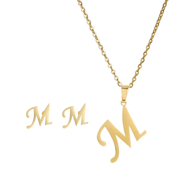 2024 European and n jewelry necklace two piece set of 26 stainless steel capital English letter necklace earring jewelry set