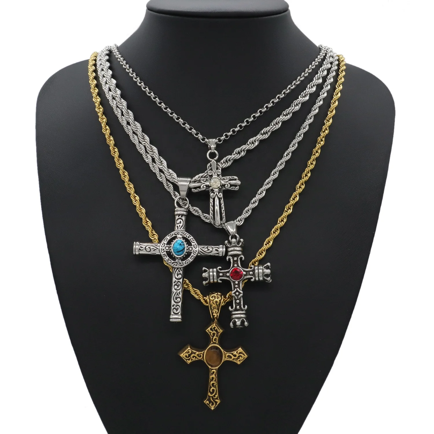 Custom Fashion Jewelry gold plated Prayer Crucifix necklace pendant charms DIY natural stone stainless steel cross Pendant
