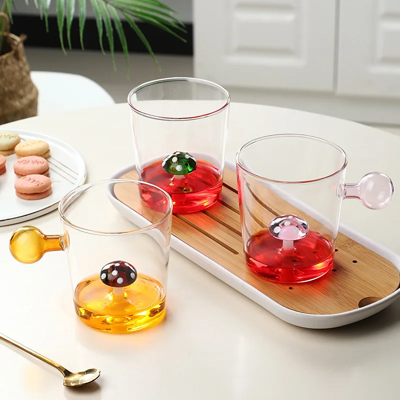 New Creative Mushroom Glass Cup Colorful Handle Clear Drinking Household Milk Juice Coffee Cups