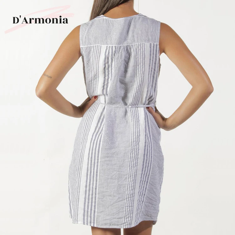 Italy Manufacture Linen Strip Design Button Fashion Comfortable Dailywear for Women